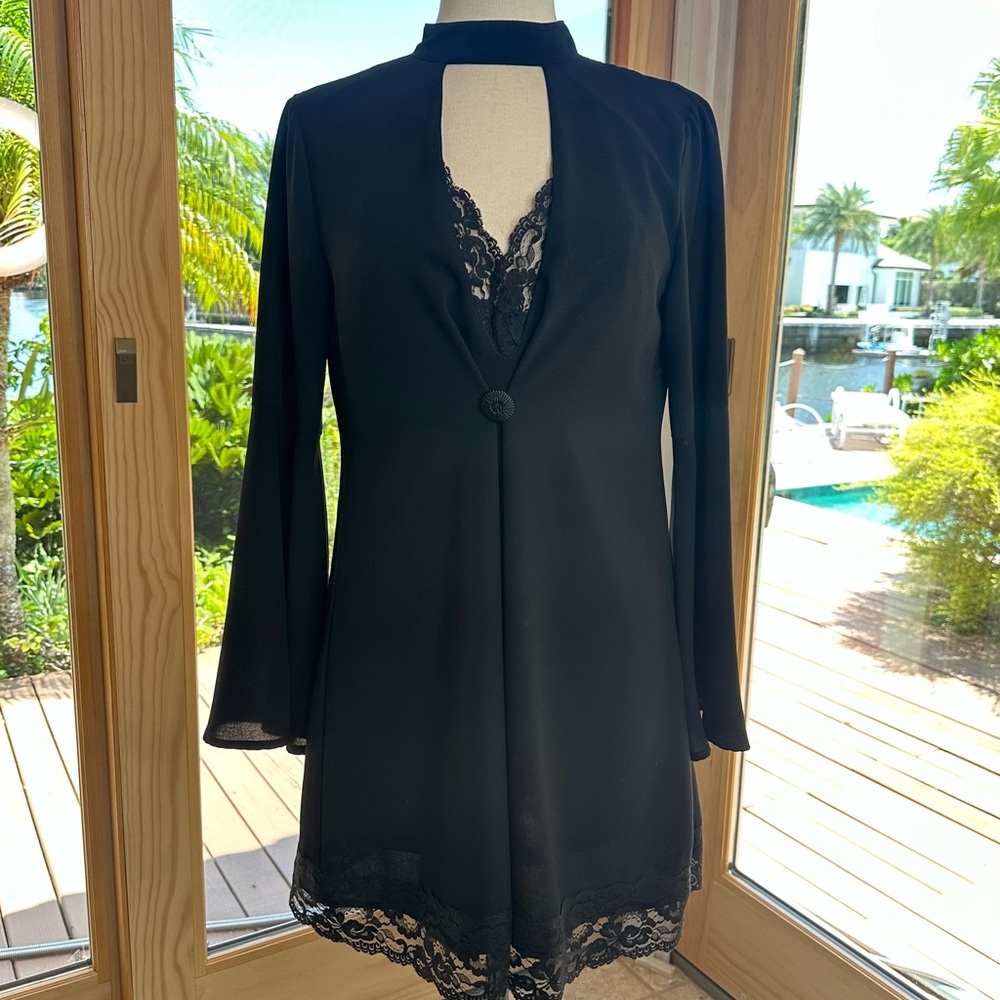 Source Unknown Black Sheath Mini Dress with Plunge Neckline